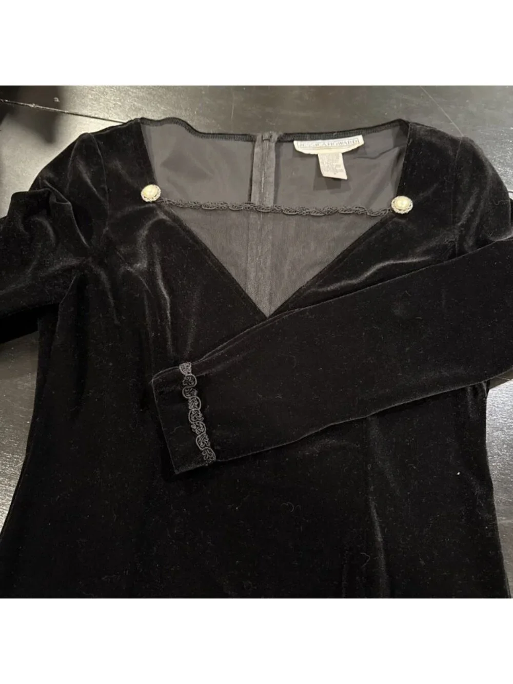 VTG Jessica Howard Sz Small Black Velvet Mesh Pearl Regencycore Long Maxi Dress
